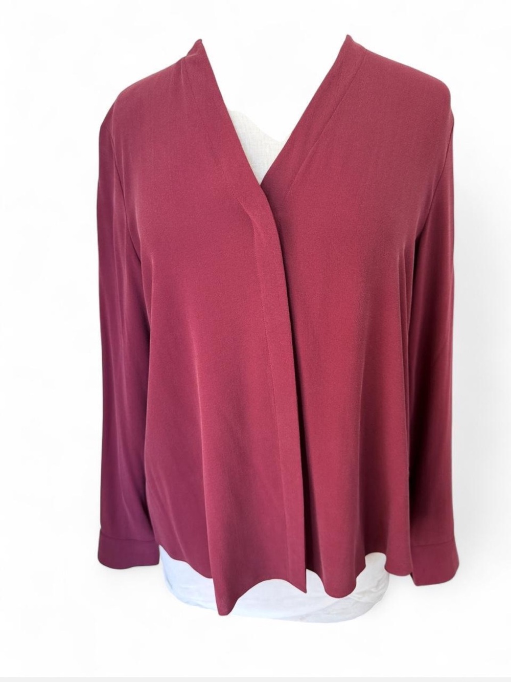 Eileen Fisher 100% Silk V-Neck Hidden Button Blouse Berry Small